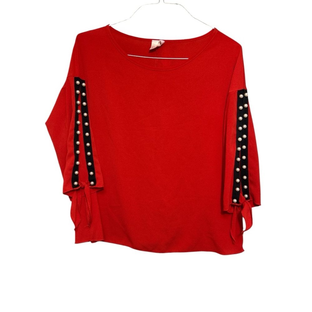 Red Embellished Blouse with 3/4 Batwing Sleeves